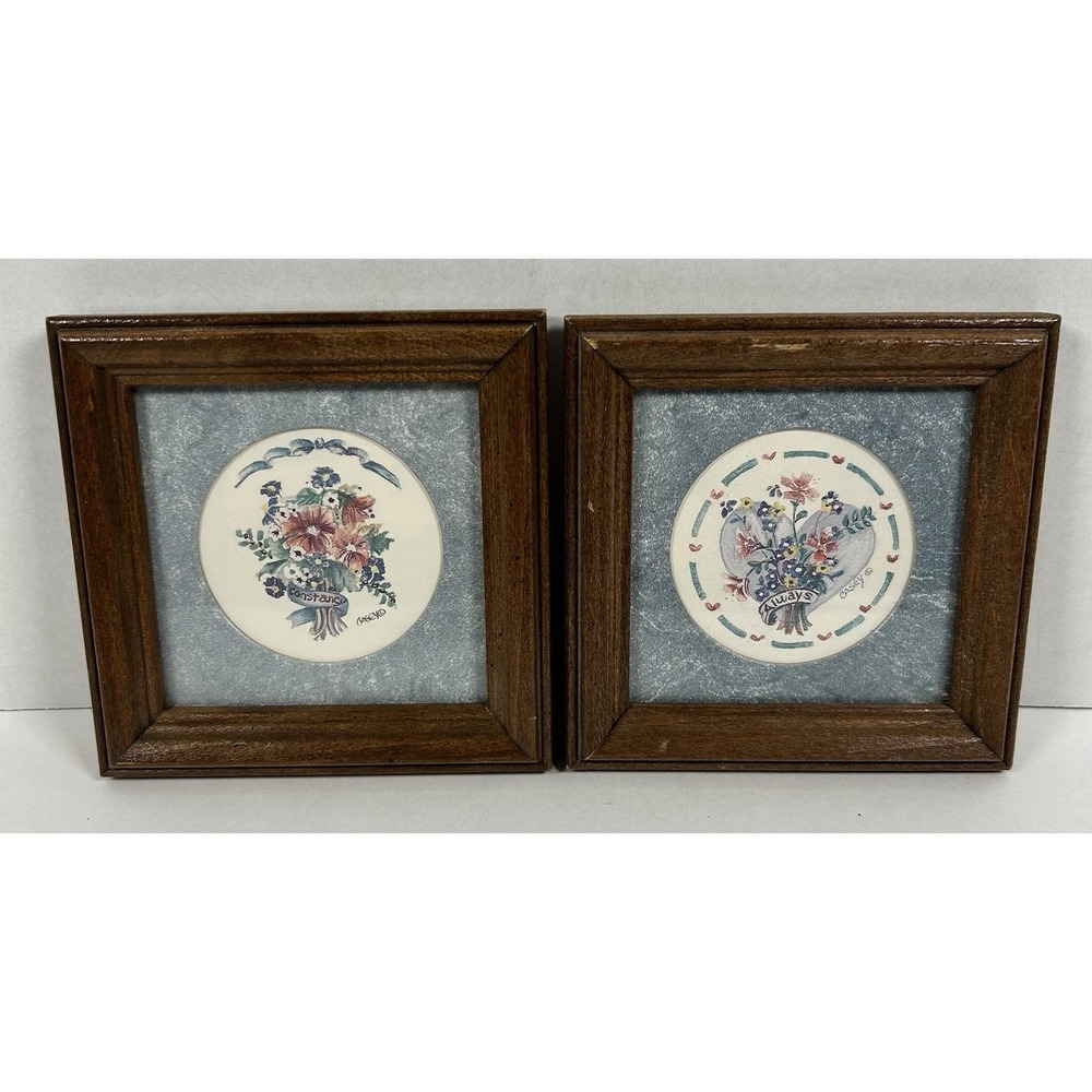 VTG Cottagecore Framed Floral Prints Set Of 2 5.25" Square Wood Framed Gorgeous